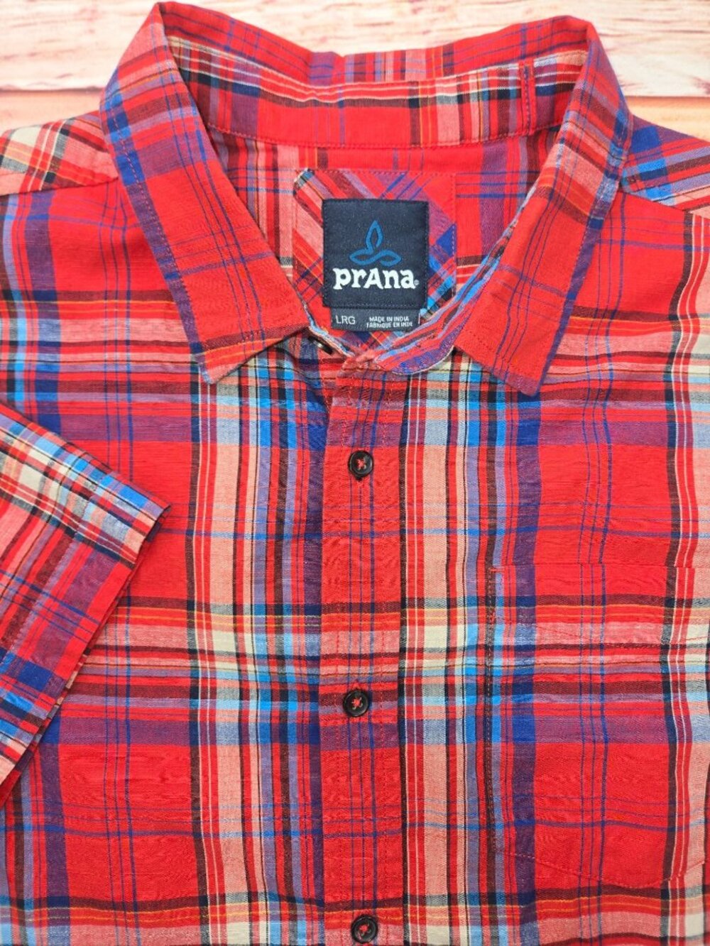 Prana Mens Red Plaid Short Sleeve Shirt Large